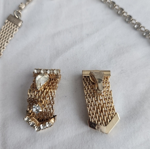 Vintage Mesh And Rhinestone Choker Necklace & Ear Clips Unsigned Hobe?? - Picture 2 of 12